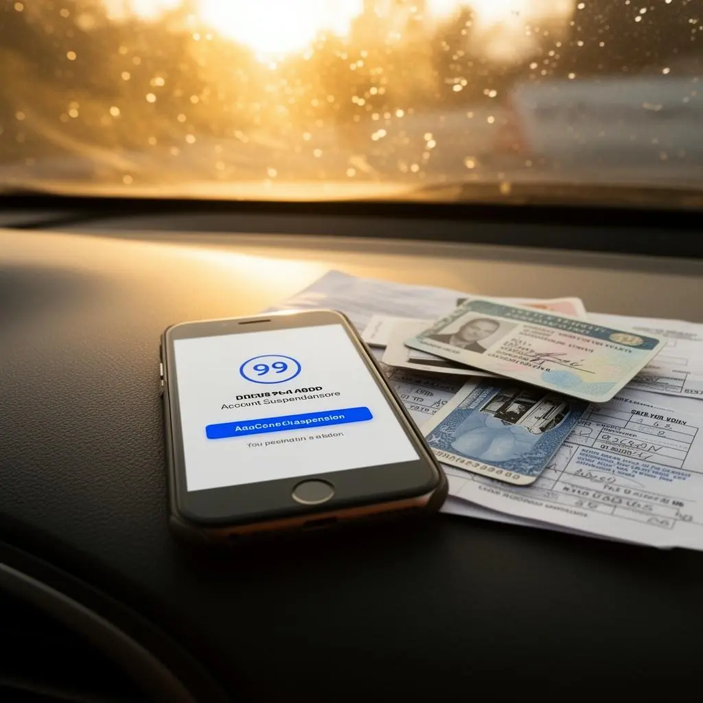 Smartphone com app 99 de motorista mostrando mensagem de conta suspensa, sobre painel de carro com documentos do veículo ao fundo