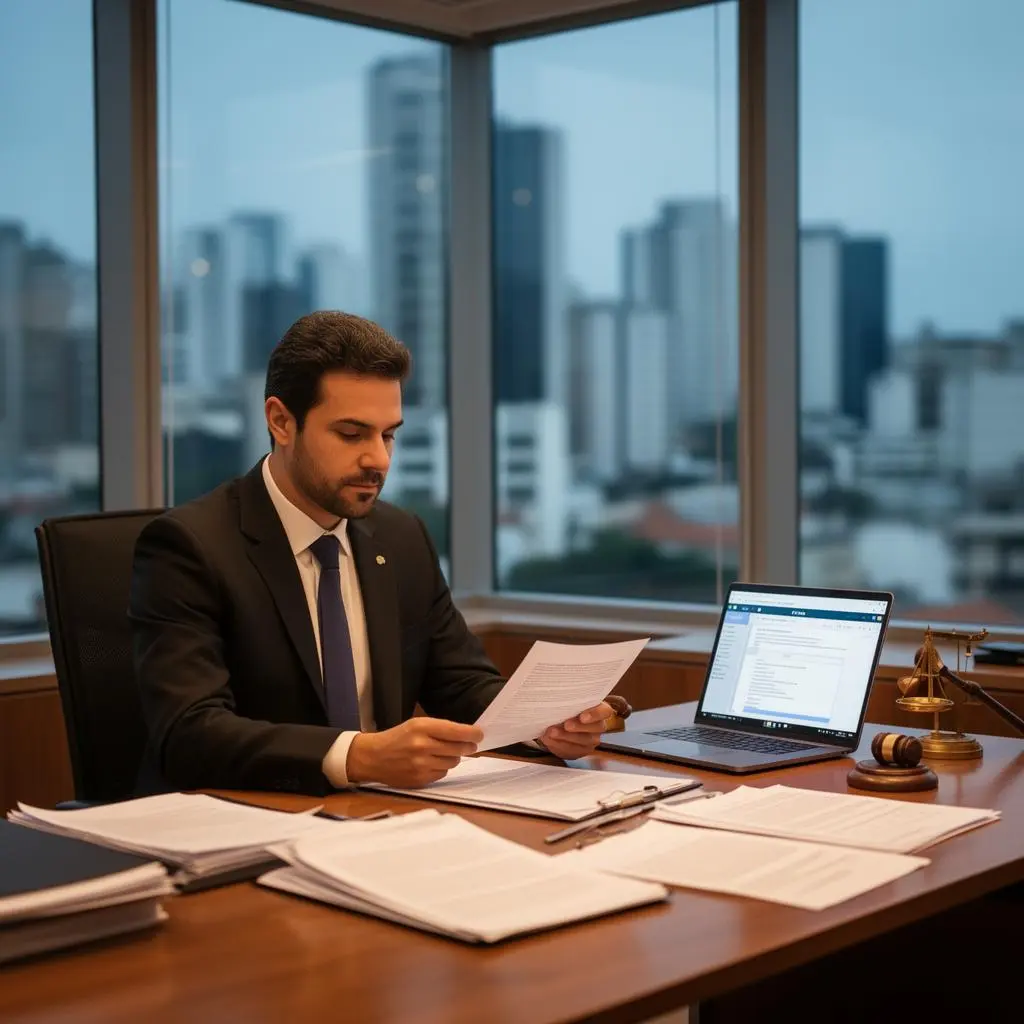 Advogado brasileiro em escritório moderno revisando documentos de caso de direitos digitais com laptop aberto