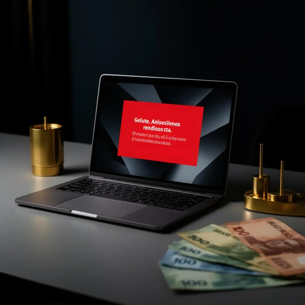 Laptop sobre mesa minimalista com tela exibindo cartão vermelho de anúncio bloqueado ao lado de objetos dourados e notas de real
