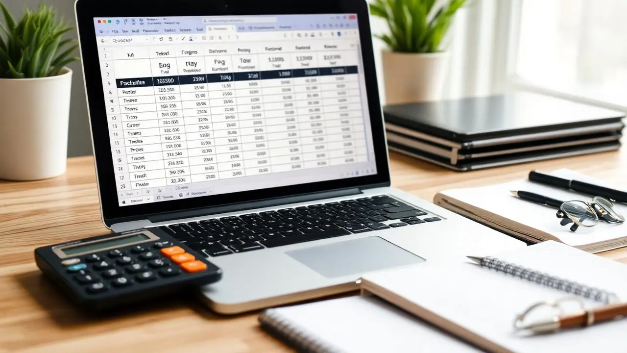 Notebook exibindo planilha financeira de aluguéis com calculadora e caderno em mesa de escritório
