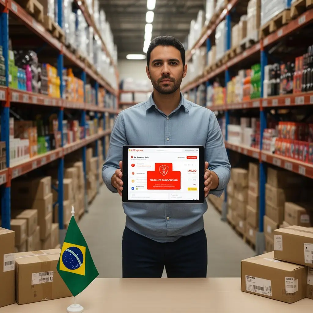 Empreendedor brasileiro de e-commerce internacional em frente a prateleiras com produtos importados segurando tablet com conta AliExpress suspensa