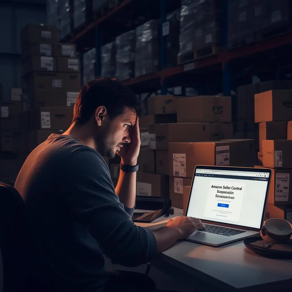 Empreendedor brasileiro em escritório com laptop mostrando suspensão da Amazon Seller Central ao lado de caixas de produtos