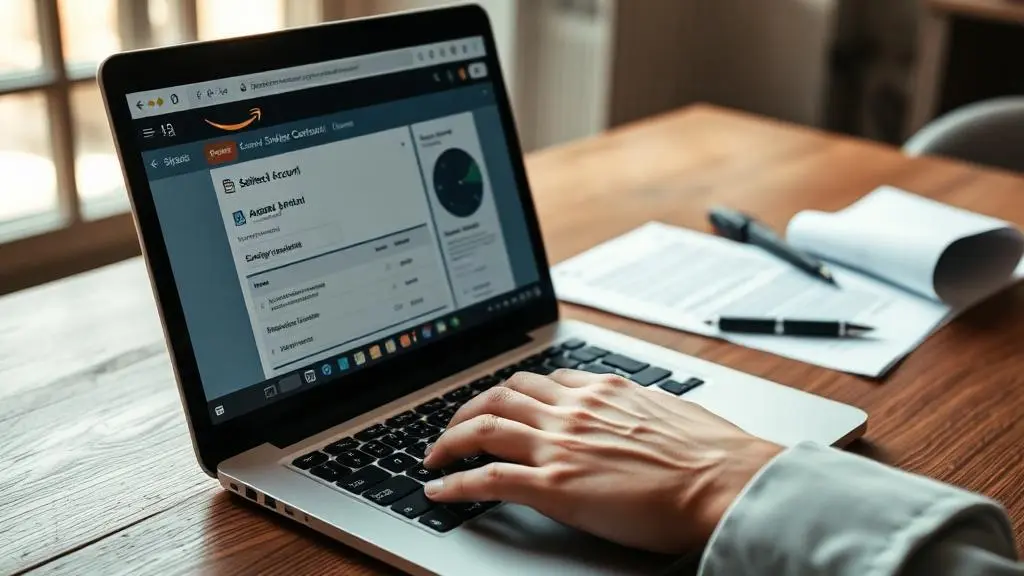 Mãos digitando em laptop com painel Amazon Seller Central exibindo notificação de suspensão de conta