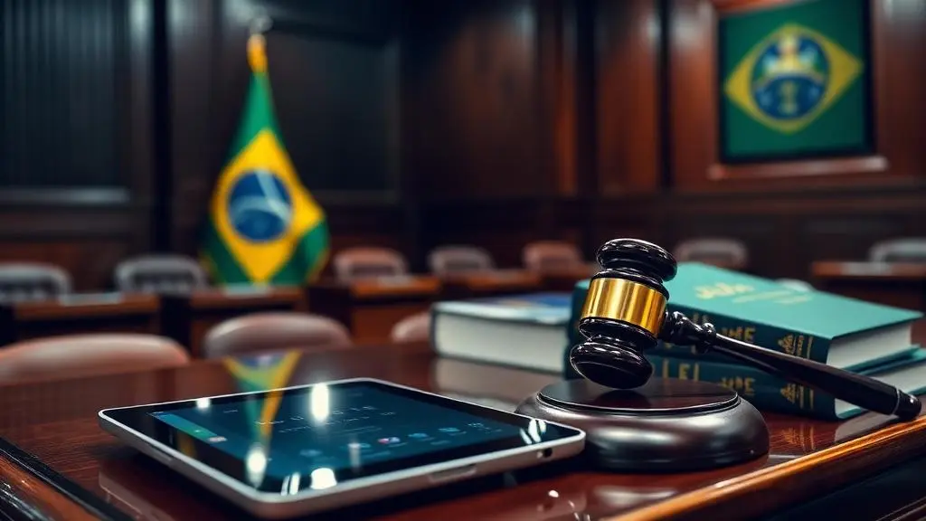 Tribunal brasileiro com balança da justiça, livros jurídicos e tablet exibindo plataforma de e-commerce