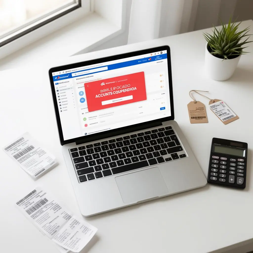 Notebook mostrando dashboard de vendedor do marketplace Americanas com alerta de conta suspensa, etiquetas de envio e calculadora sobre mesa branca