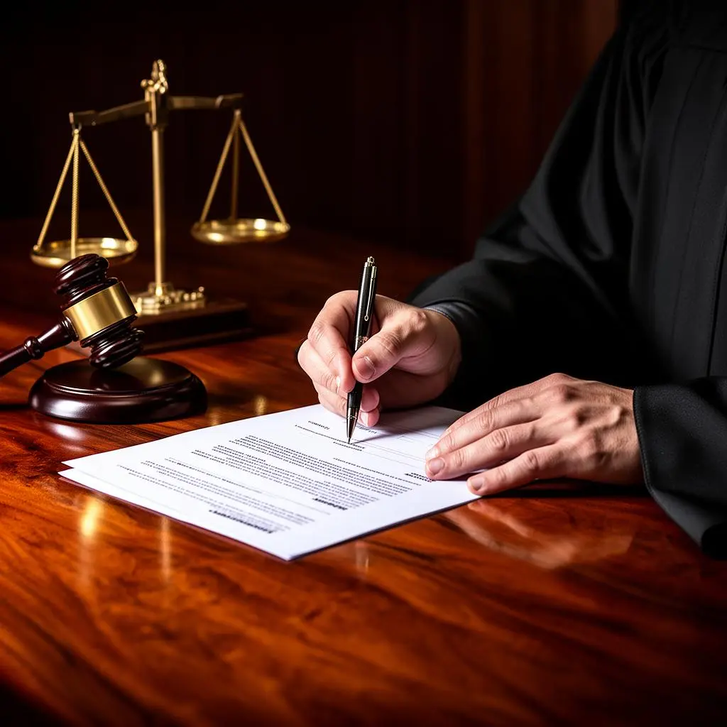 Mãos de juiz brasileiro assinando decisão judicial sobre mesa de madeira com martelo e balança da justiça ao fundo