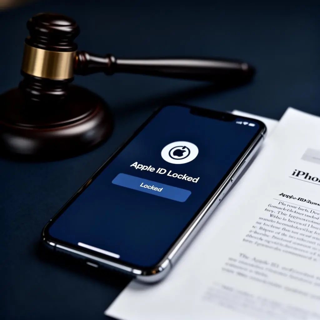 iPhone com tela de Apple ID bloqueado ao lado de MacBook e iPad em mesa de escritório jurídico moderno