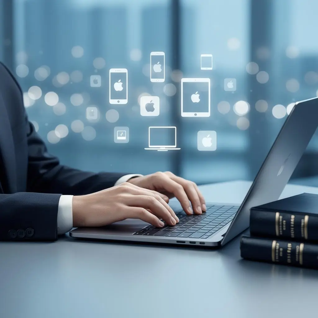 Advogado digitando em MacBook Pro com dispositivos Apple ao redor em escritório de direito digital