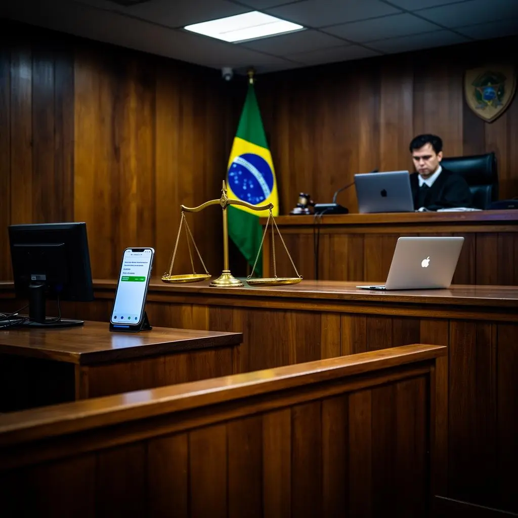 Vara Cível brasileira com juiz analisando evidências digitais em tablet e telas modernas