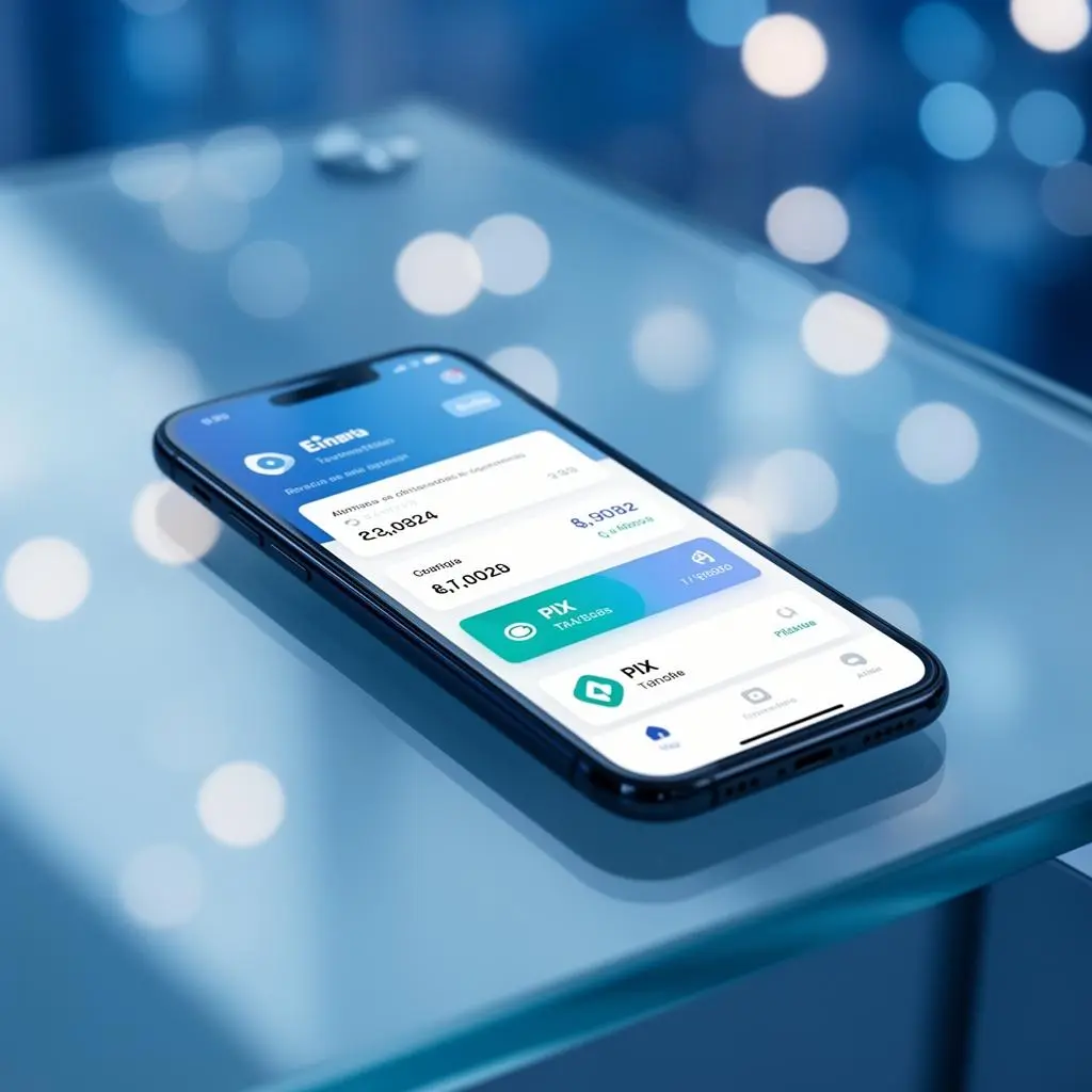 Smartphone moderno exibindo dashboard bancário digital com saldo e botões de transferência PIX sobre mesa de vidro