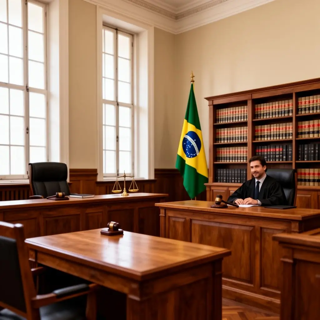 Interior de Vara Cível brasileira com mobiliário de madeira, bandeira do Brasil e livros jurídicos em estantes