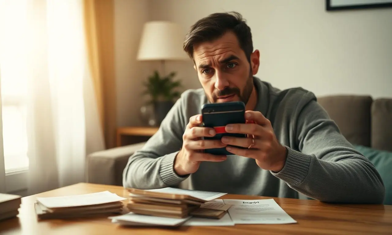Cliente brasileiro adulto preocupado em casa segurando smartphone com aplicativo de banco digital bloqueado, papéis e boletos sobre mesa, luz quente de janela, fotografia editorial cinematográfica