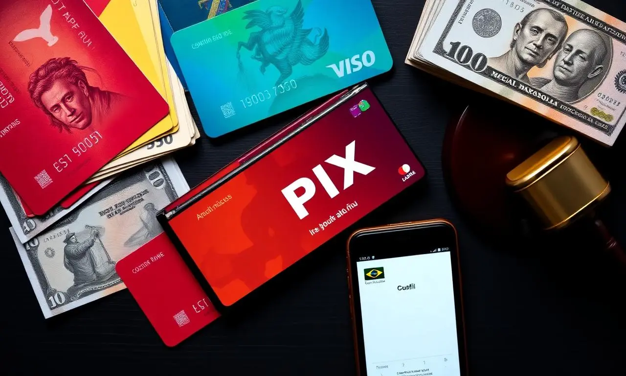 Composição plana top-down com múltiplos cartões de débito de bancos digitais em cores vibrantes, smartphone exibindo interface PIX e Real digital, notas de Real brasileiro, martelo de juiz, livro de regulamentação do Banco Central, iluminação editorial escura dramática