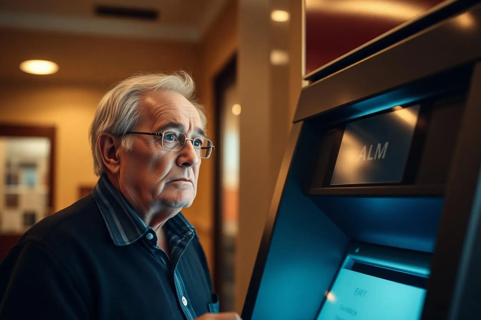 Aposentado brasileiro em caixa eletrônico de banco tradicional olhando preocupado para tela do ATM, agência bancária ao fundo, iluminação quente
