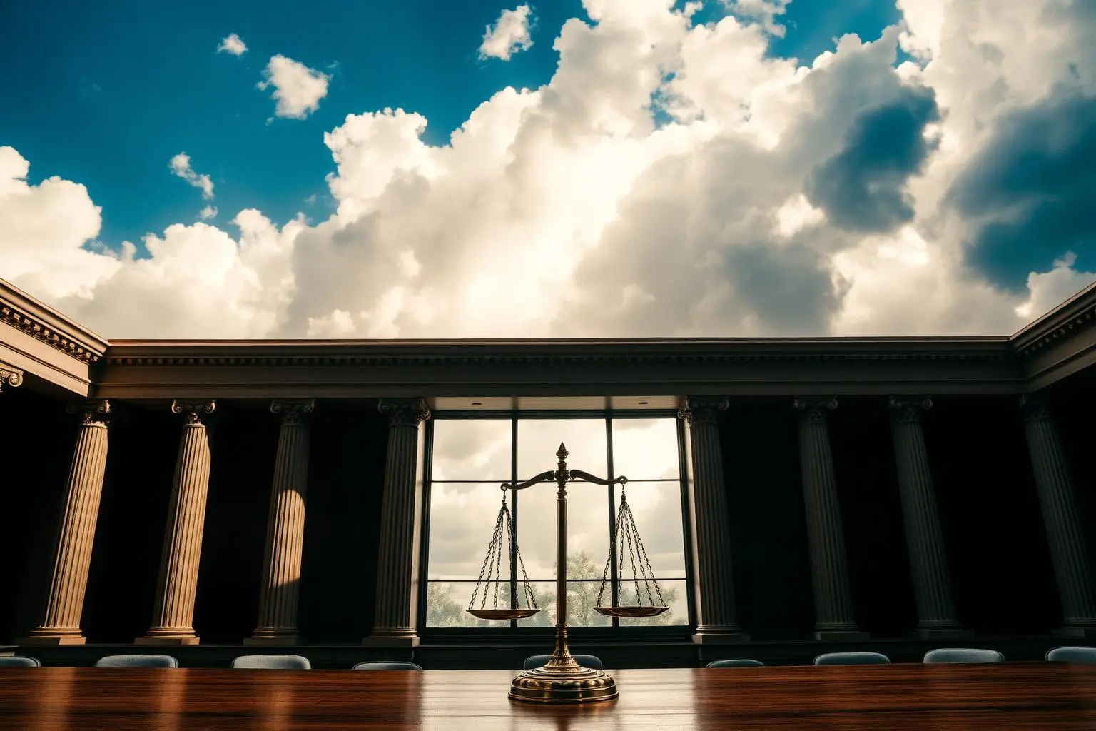 Sala de tribunal brasileiro com arquitetura clássica, colunas, balança da justiça sobre mesa e bandeira nacional, nuvens dramáticas pela janela