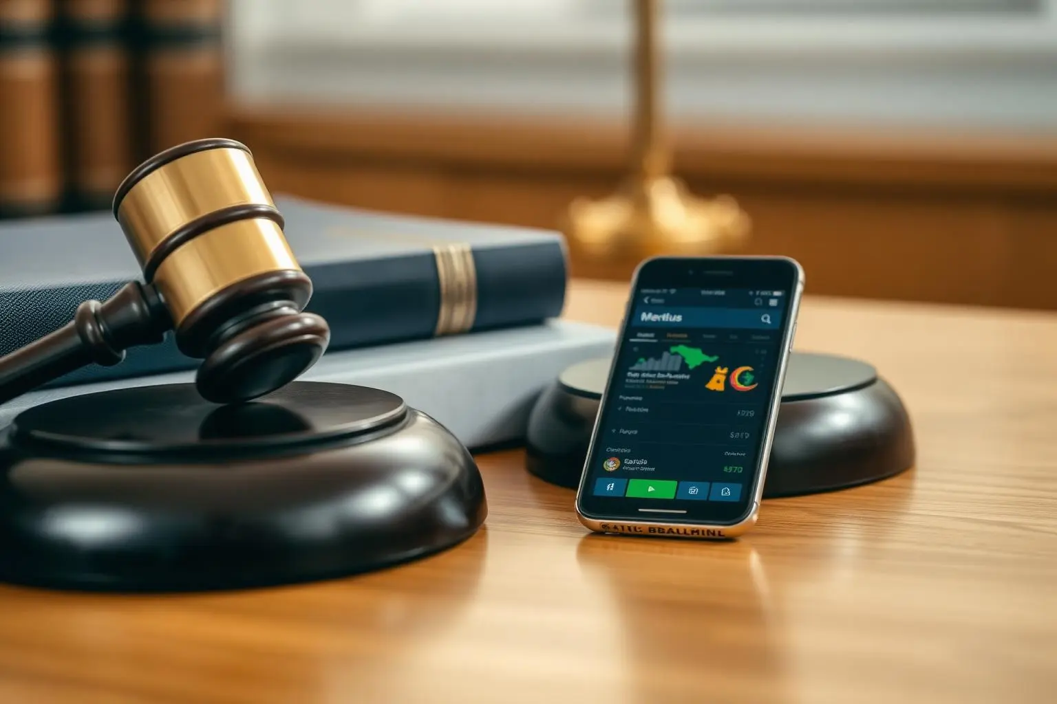 Martelo dourado de juiz sobre livro jurídico ao lado de smartphone exibindo interface de plataforma de apostas, luz natural suave, qualidade premium