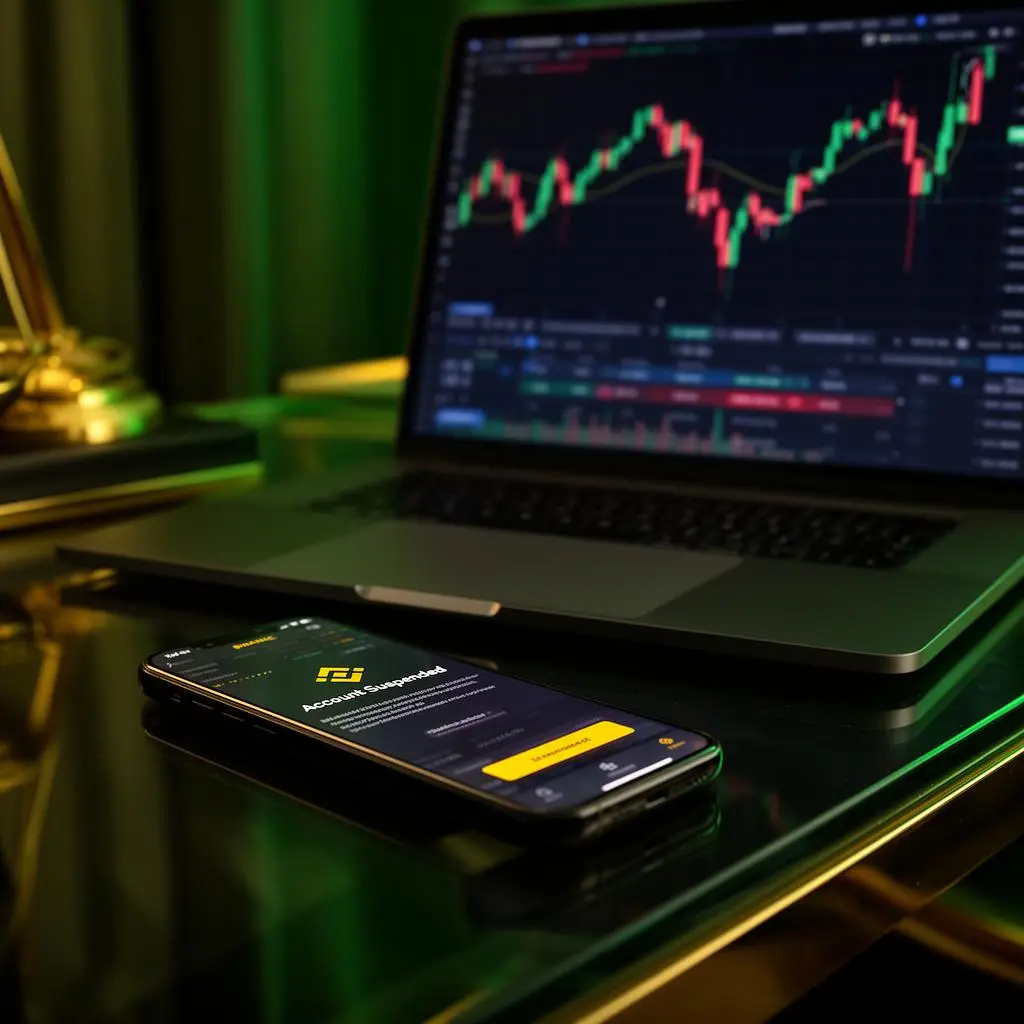 Smartphone com app Binance exibindo notificação de conta suspensa, ao lado de laptop com gráficos de criptomoedas e documentos jurídicos
