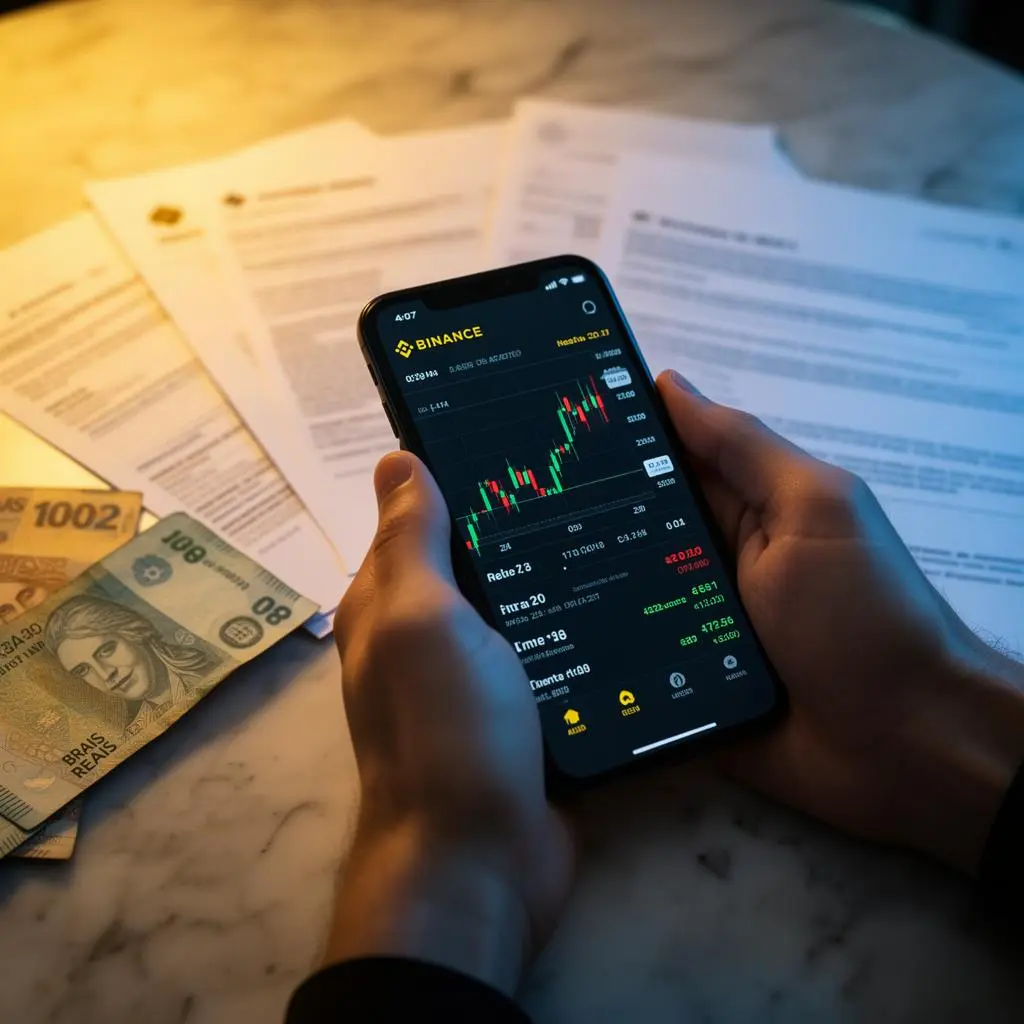 Investidor brasileiro analisando gráficos de criptomoedas em múltiplas telas com documentos jurídicos e notas de Real ao lado