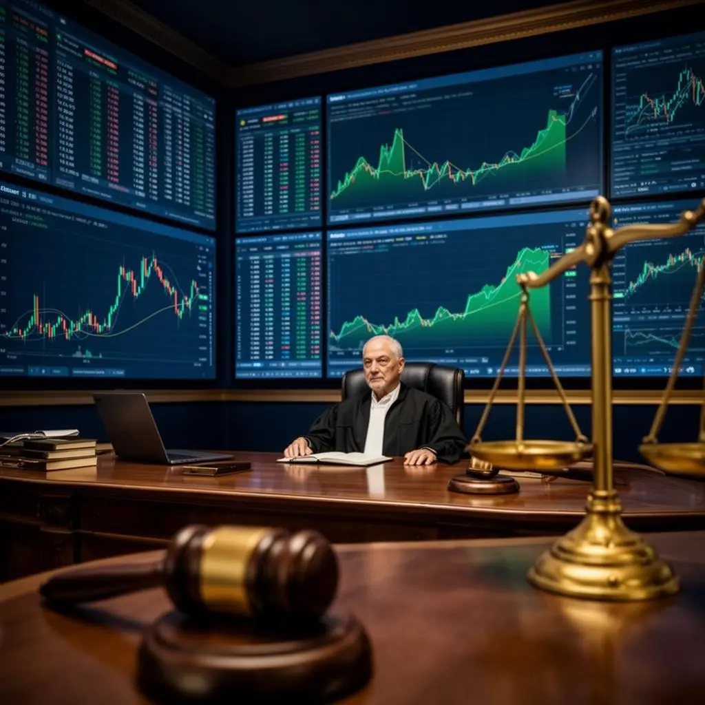Sala de audiência em Vara Cível brasileira com advogados apresentando evidências digitais em telas sobre blockchain e criptomoedas