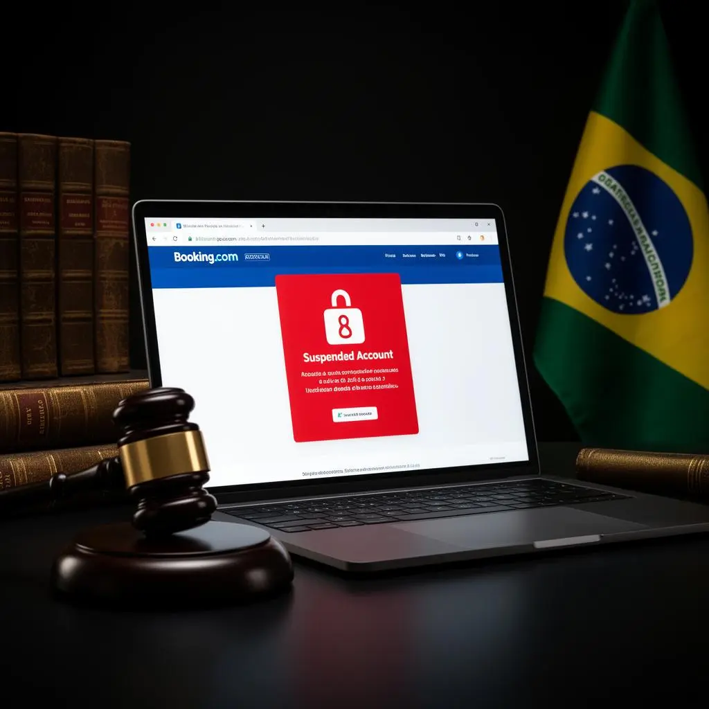 Notebook mostrando painel Booking.com Partner com aviso de suspensão ao lado de martelo de juiz e chaves de hotel