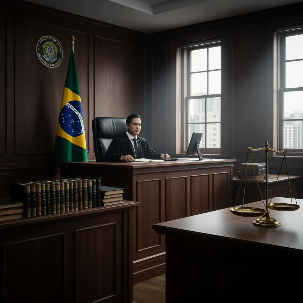 Interior de Vara Cível brasileira com banco do juiz, bandeira do Brasil e livros de direito do consumidor