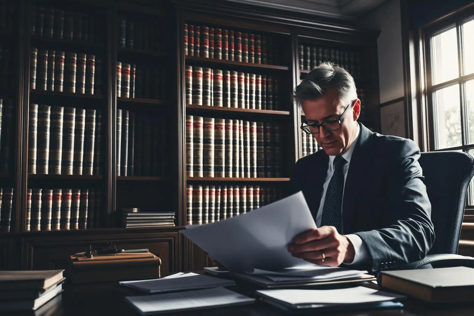 Escritório de advocacia com estantes de códigos jurídicos, advogado experiente examinando documentos financeiros, luz dramática vinda da janela