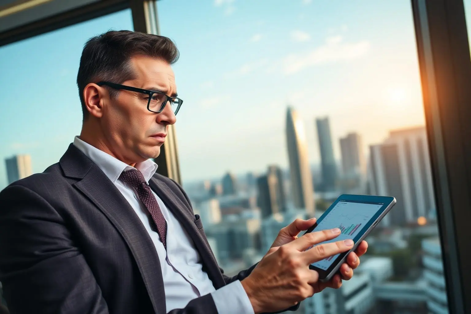 Investidor brasileiro com terno olhando preocupado para gráficos de investimento em tablet, escritório moderno com skyline da cidade ao fundo, luz dourada de fim de tarde