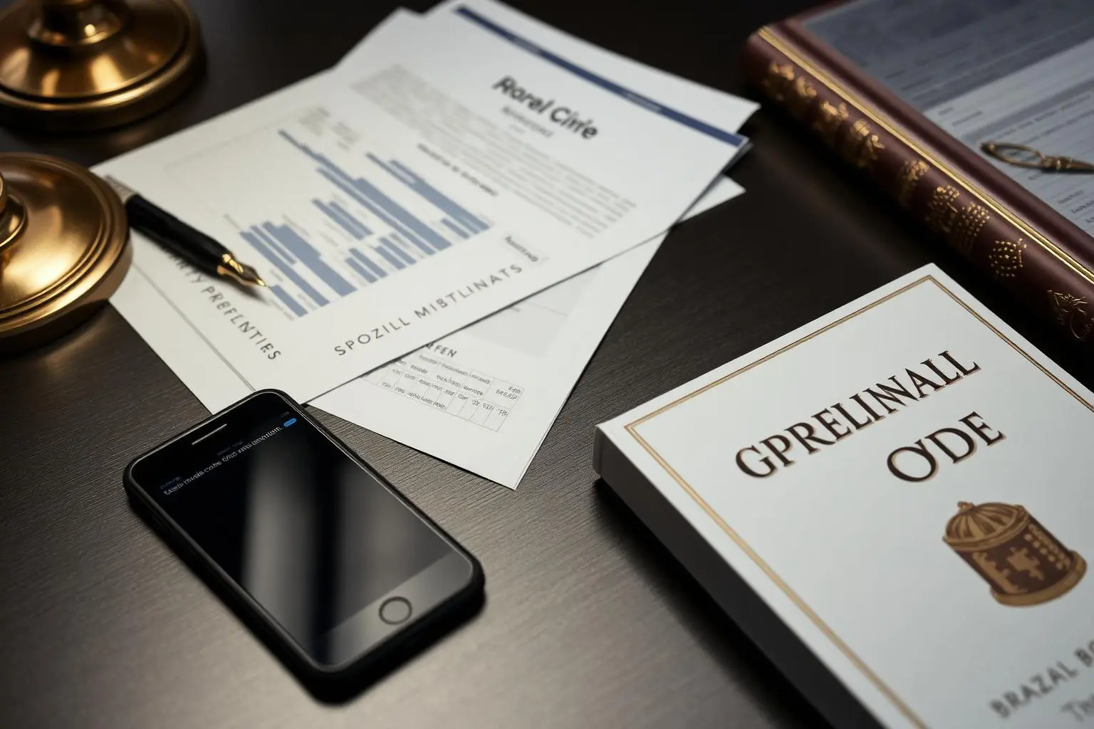 Mesa de luxo com relatórios de carteira de investimentos, caneta tinteiro, smartphone exibindo app de corretora e livro do Código Civil brasileiro, qualidade editorial premium