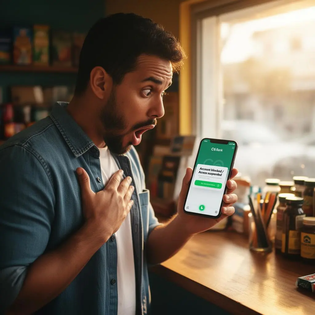Pequeno empresário brasileiro chocado com smartphone mostrando app C6 Bank com alerta de conta bloqueada em frente ao balcão de loja