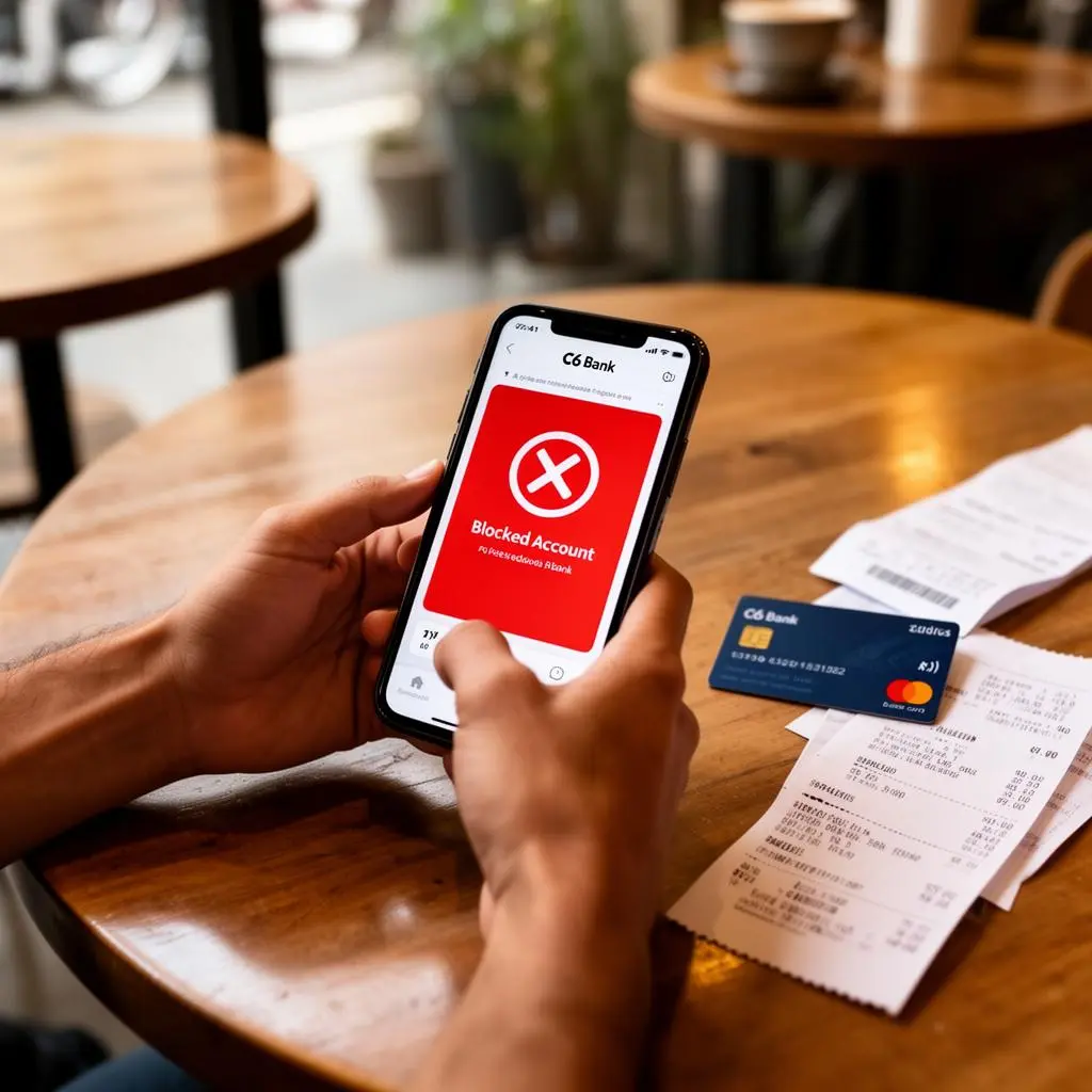 Freelancer brasileiro segurando smartphone com app de banco digital mostrando alerta de conta bloqueada em mesa de café urbano