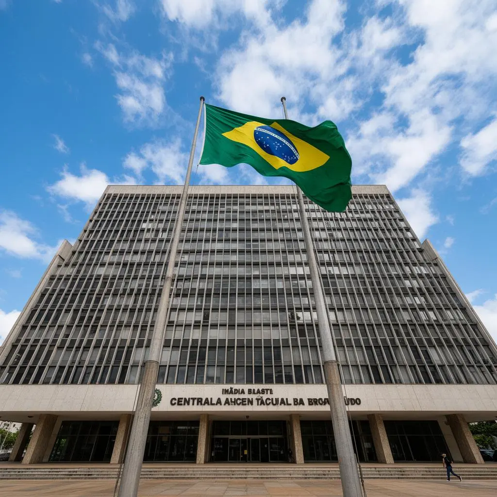 Fachada moderna do Banco Central do Brasil com bandeira nacional e céu azul em dia ensolarado