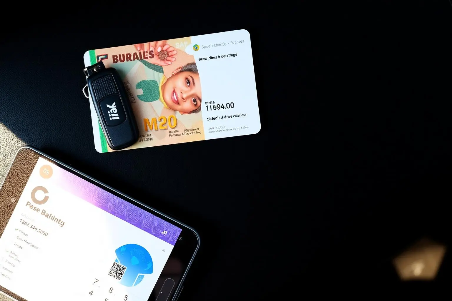 Vista superior plana de chaves de carro, CNH brasileira do motorista, smartphone exibindo painel do motorista de aplicativo com ganhos, calculadora, sobre painel do carro, luz quente