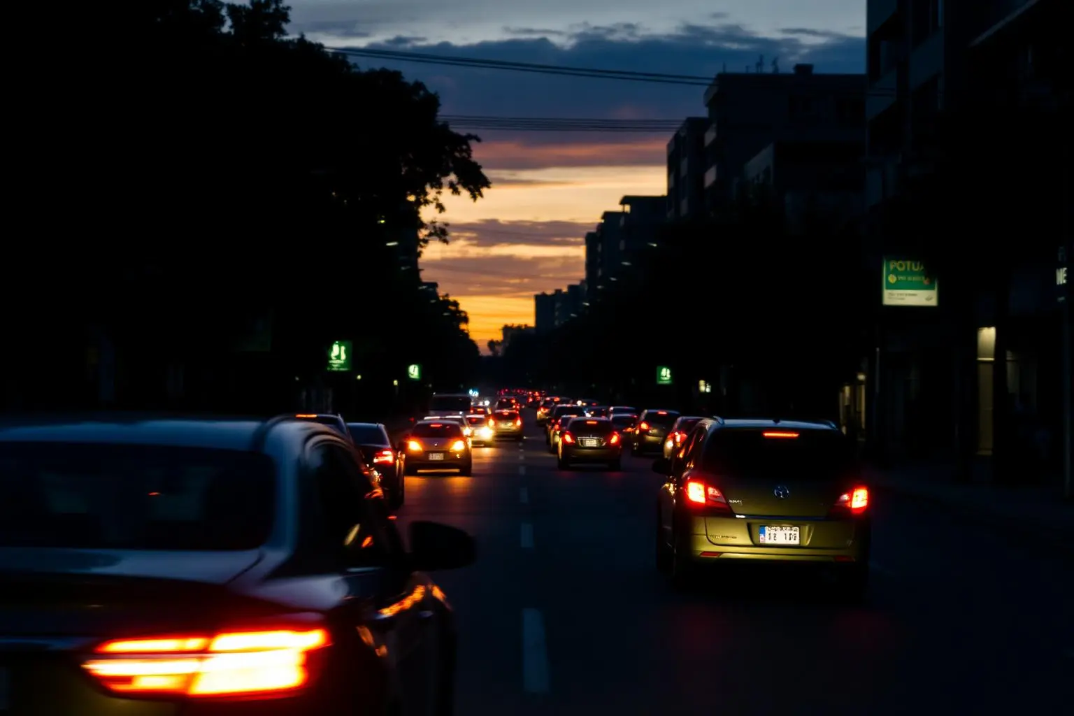 Rua urbana brasileira ao crepúsculo com carros de aplicativo em movimento, luzes traseiras brilhantes, fotografia editorial cinematográfica atmosférica