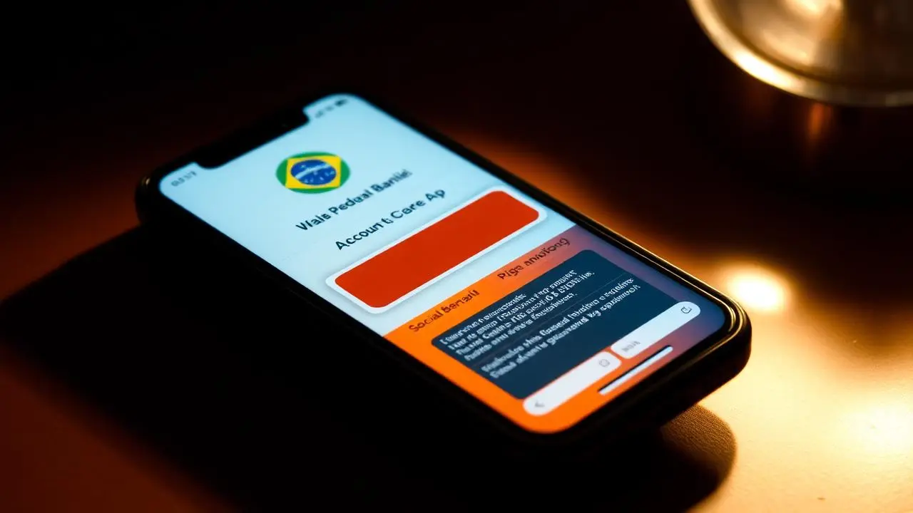 Smartphone exibindo aplicativo de banco federal brasileiro azul e laranja com mensagem de conta bloqueada, sobre cartão de benefício social, iluminação dramática
