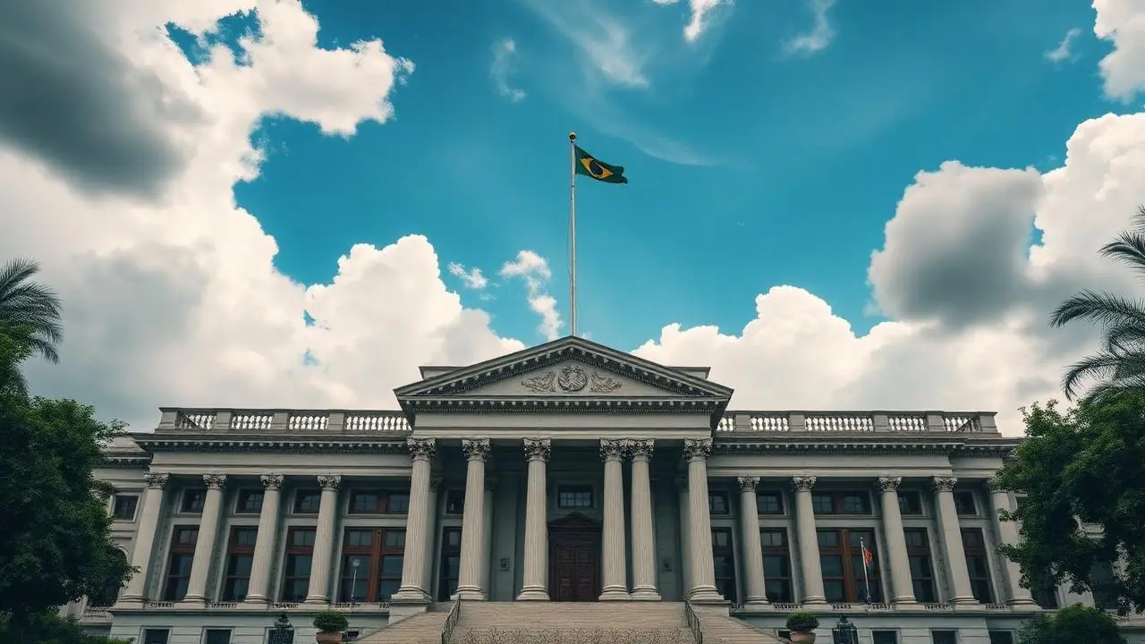 Imponente fachada de tribunal federal brasileiro com arquitetura clássica e bandeira nacional, nuvens dramáticas