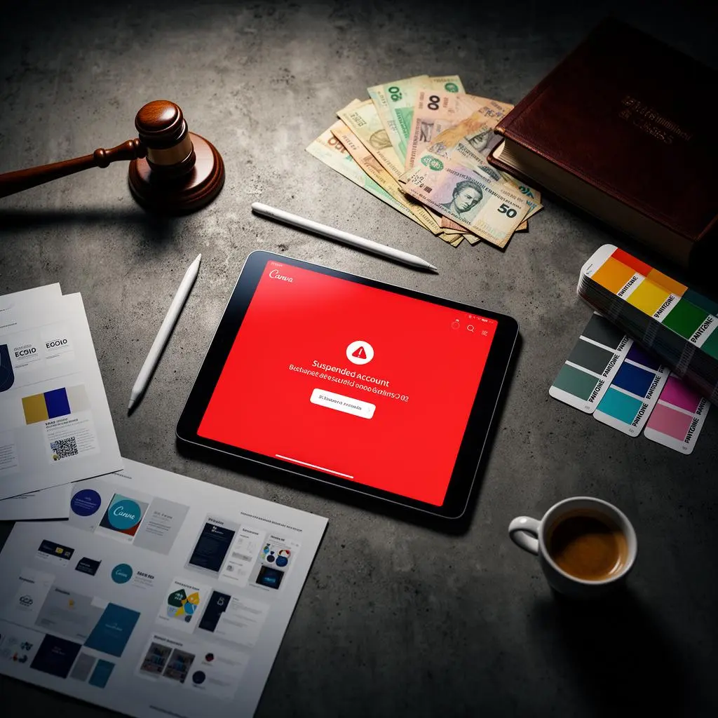 Overhead flat lay editorial: graphic designer workspace com iPad Pro showing Canva app com aviso vermelho de conta suspensa, Apple Pencil, color swatch cards, printed brand identity mockups, Pantone books, notas de Real, martelo de juiz, livro jurídico, espresso cup, iluminação dramática moody