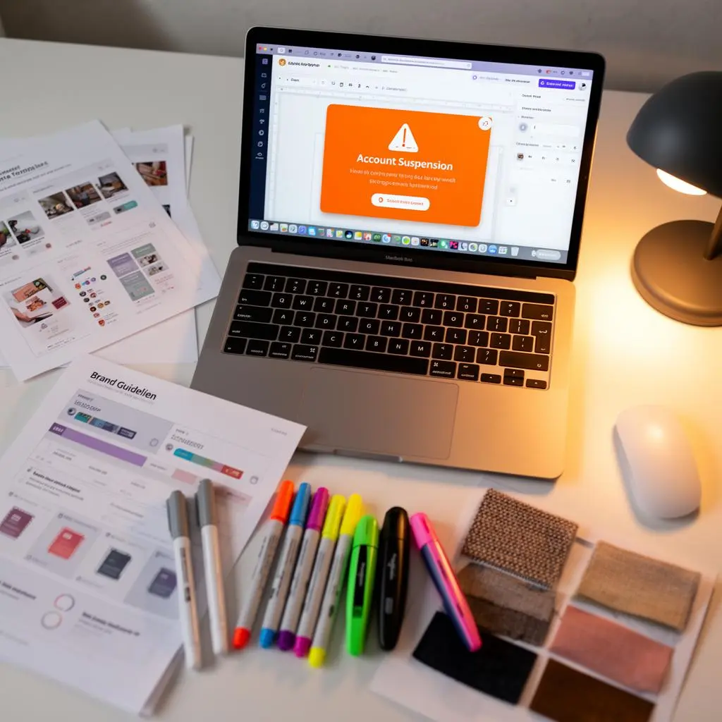 Flat lay editorial: creative designer desk com laptop showing Canva design dashboard com orange account suspension banner, printed social media templates, brand guideline sheets, colored markers and highlighters, mood board com fabric swatches, smartphone, wireless mouse, warm desk lamp glow