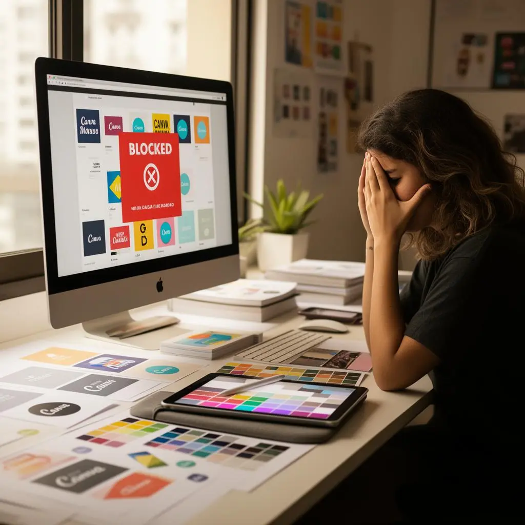 Editorial photography: Brazilian graphic designer woman at iMac workstation in modern creative studio, frustrated looking at screen showing blocked Canva account, multiple brand design projects on desk, color reference books, tablet com stylus, natural light from large window