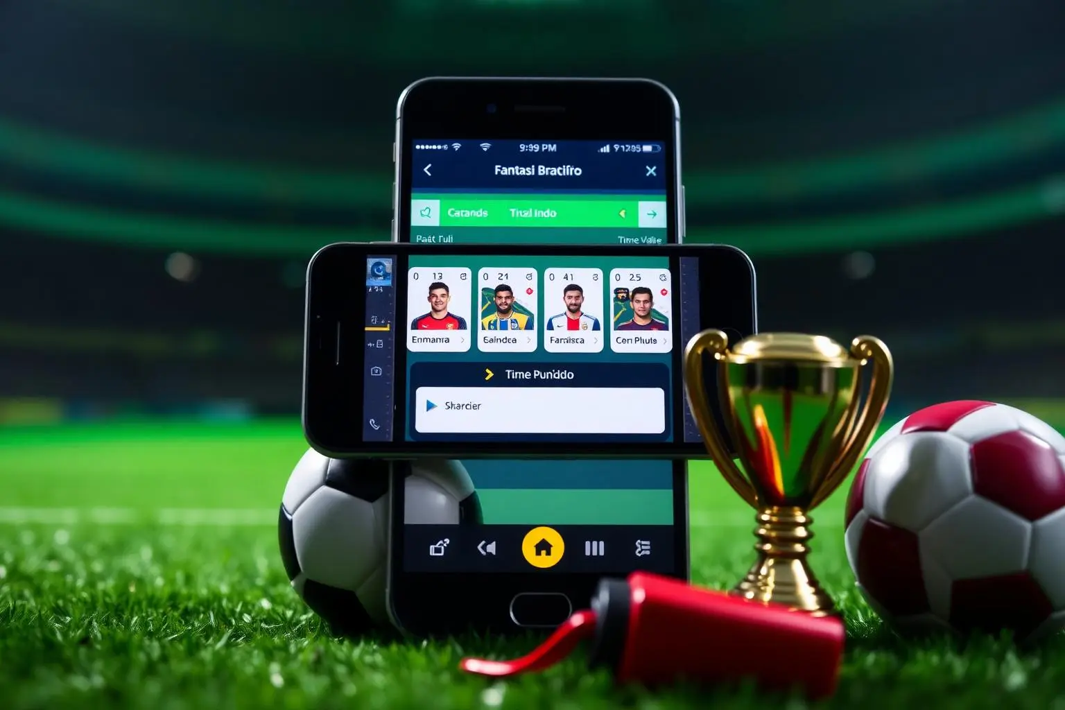Smartphone exibindo aplicativo brasileiro de fantasy soccer com cartas de jogadores e aviso 'Time Punido', cercado por mini bola de futebol, apito e troféu, iluminação dramática verde de estádio