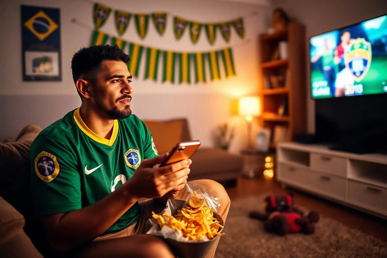 Torcedor brasileiro com camisa em casa com aperitivos assistindo TV e olhando frustrado para smartphone, sala com decoração de time, luz quente noturna