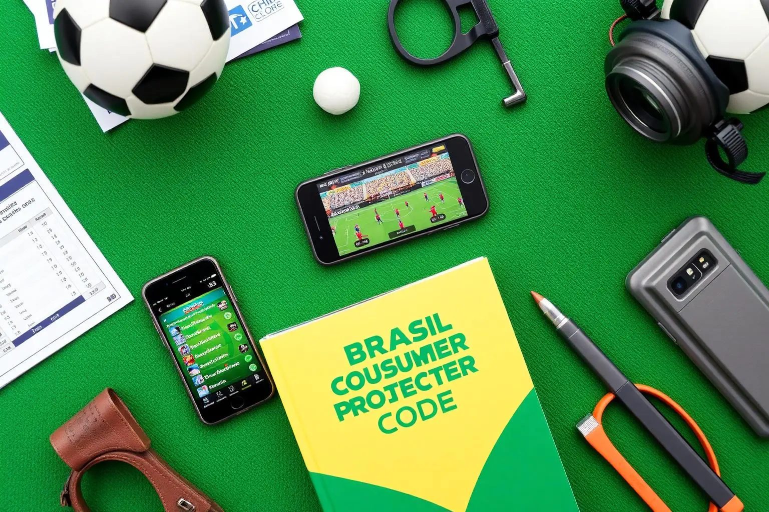 Vista superior plana de itens temáticos de futebol, planilhas de pontuação, smartphone exibindo escalação de jogo fantasy e livro do Código de Defesa do Consumidor brasileiro, sobre feltro verde