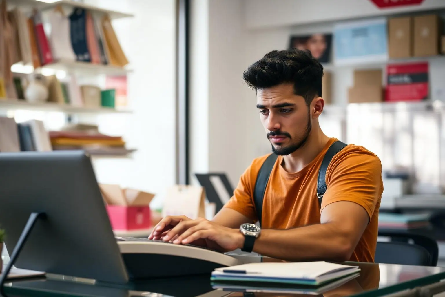 Lojista brasileiro preocupado consultando extrato no laptop ao lado de maquininha de cartão, expressão de preocupação, luz natural de janela