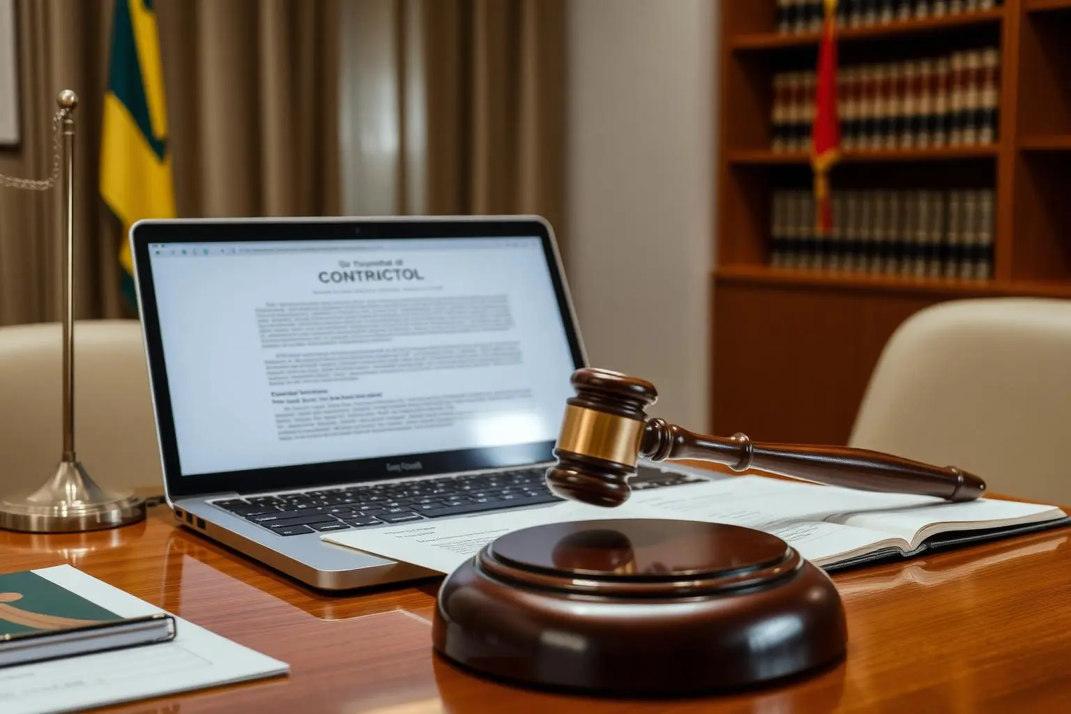 Mesa de escritório de advocacia brasileiro com laptop exibindo contrato Cielo, martelo de juiz e bandeira do Brasil ao fundo