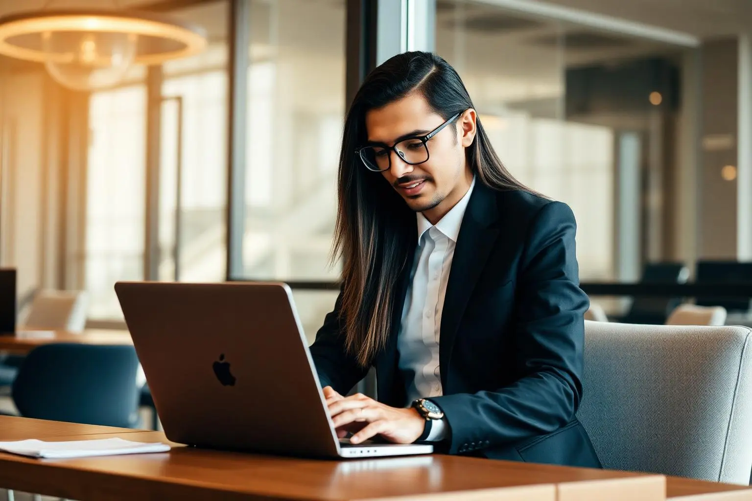 Profissional brasileiro vestido formalmente trabalhando em notebook em espaço de coworking moderno, luz suave de janela, atmosfera sofisticada