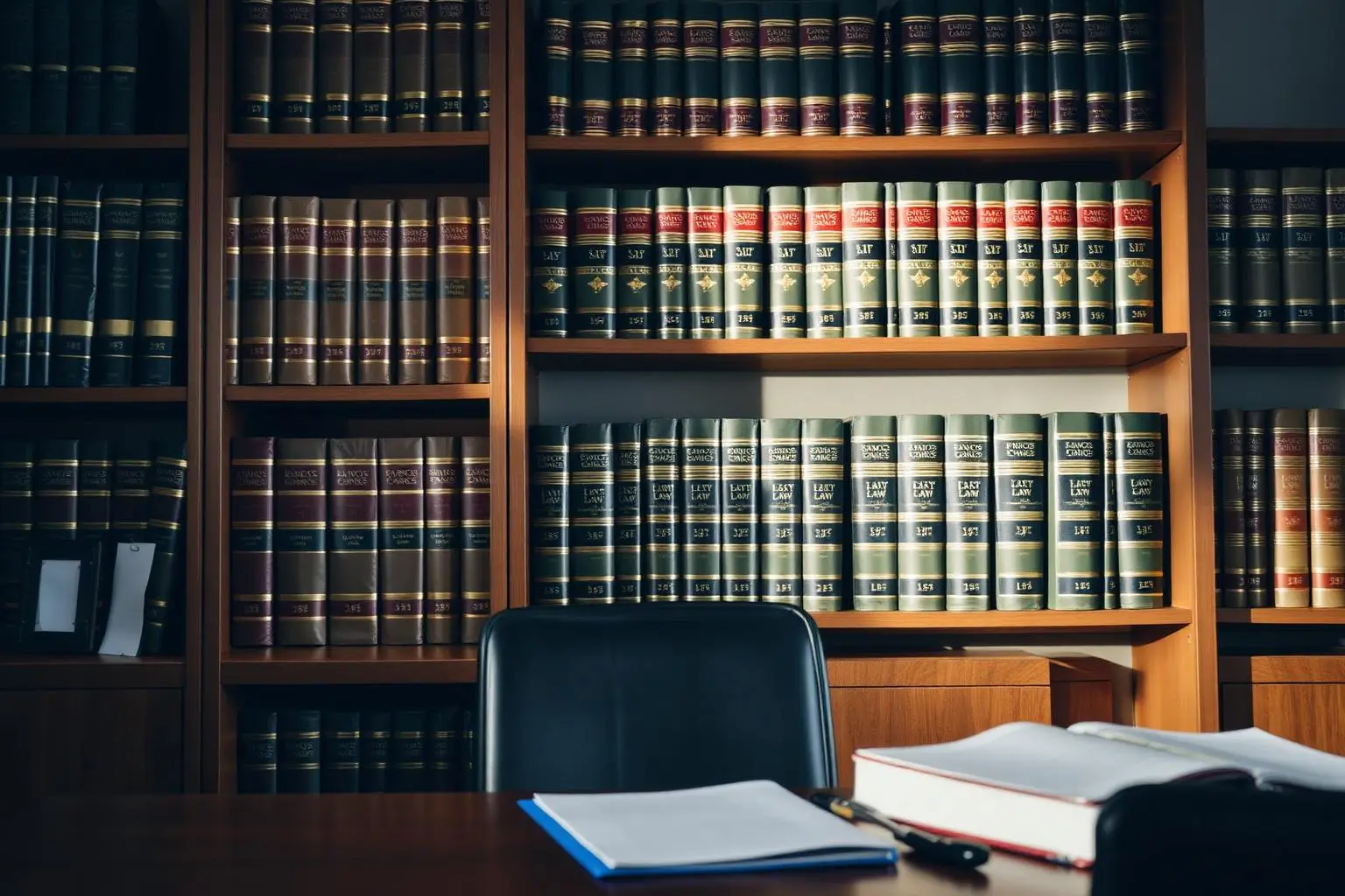 Estantes de escritório de advocacia com códigos legais brasileiros, advogado consultando livros de direito empresarial em mesa, iluminação lateral dramática