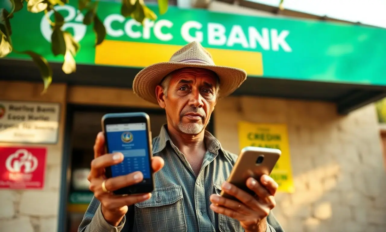 Agricultor brasileiro rural em frente a agência de cooperativa de crédito segurando smartphone com aplicativo bancário, expressão preocupada, luz quente de tarde, fotografia em estilo fotojornalismo editorial