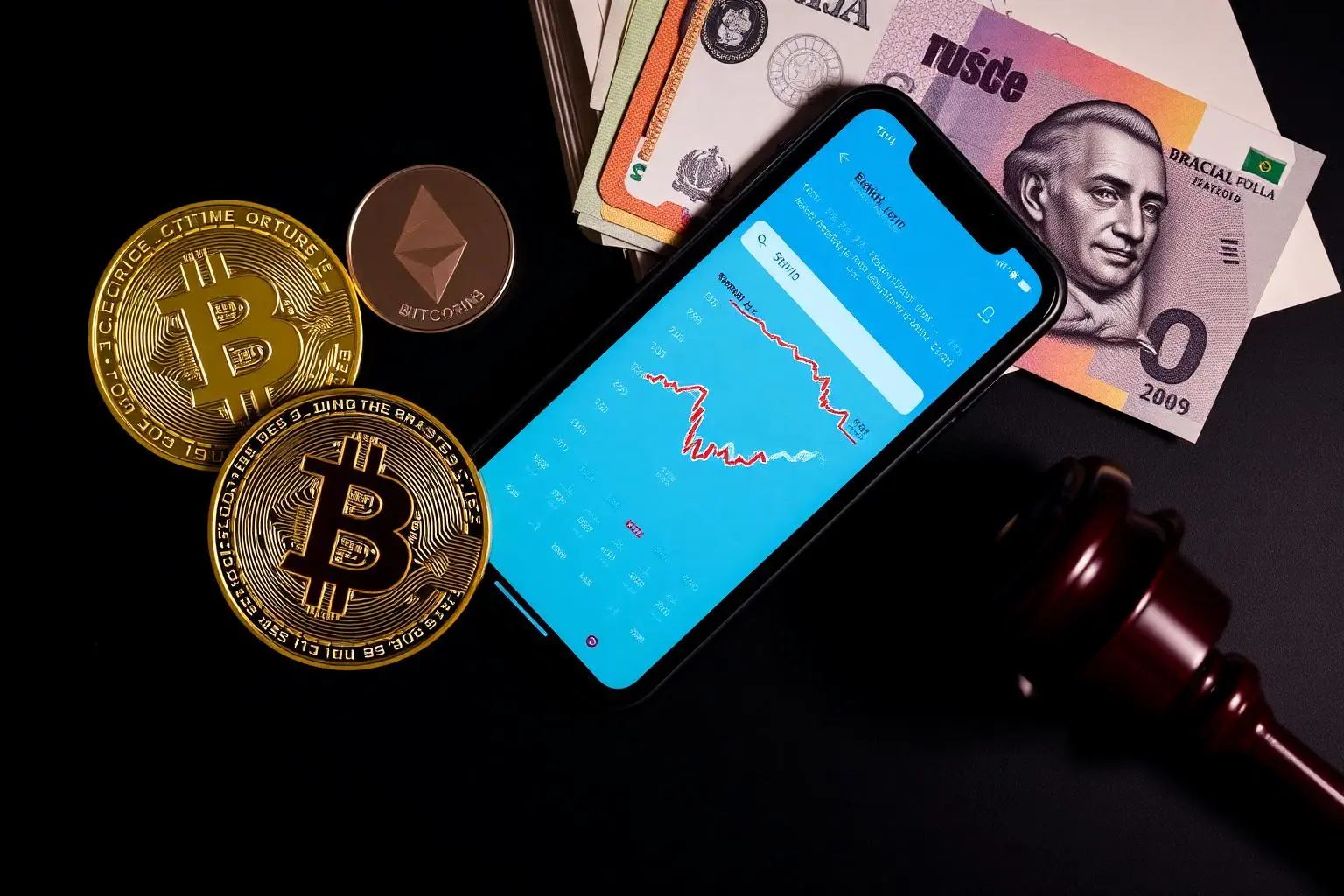 Vista superior plana de moedas físicas de bitcoin e ethereum, smartphone exibindo aplicativo de exchange de cripto, notas brasileiras de Real, martelo de juiz, livro contábil, iluminação escura e dramática