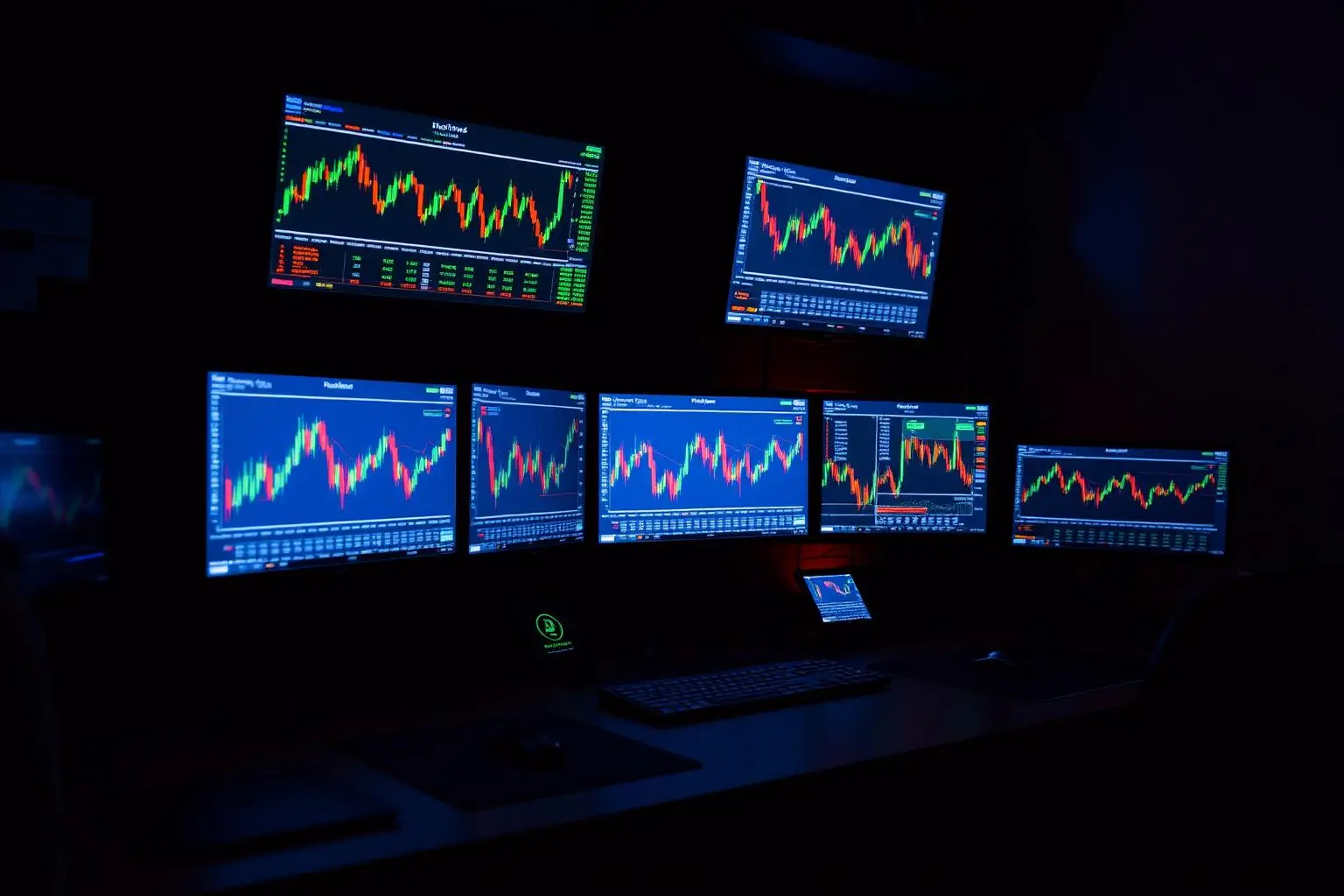 Mesa de trading de criptomoedas com múltiplos monitores exibindo gráficos financeiros, sala escura com brilho azul e laranja das telas, composição editorial cinematográfica