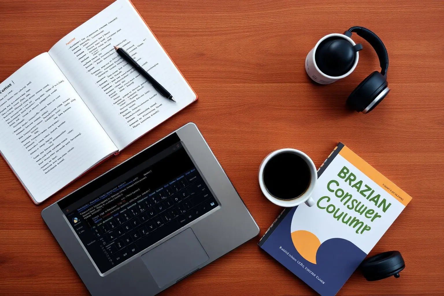 Vista superior plana de caderno com anotações de código, notebook exibindo curso online de programação, xícara de café, livro do Código de Defesa do Consumidor brasileiro, fones de ouvido, sobre mesa de madeira