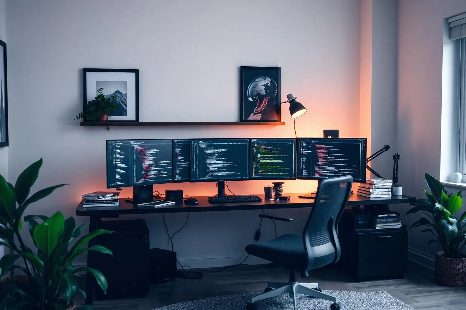 Home office moderno com workspace de desenvolvedor, múltiplos monitores exibindo editor de código, plantas e livros, luz natural suave cinematográfica